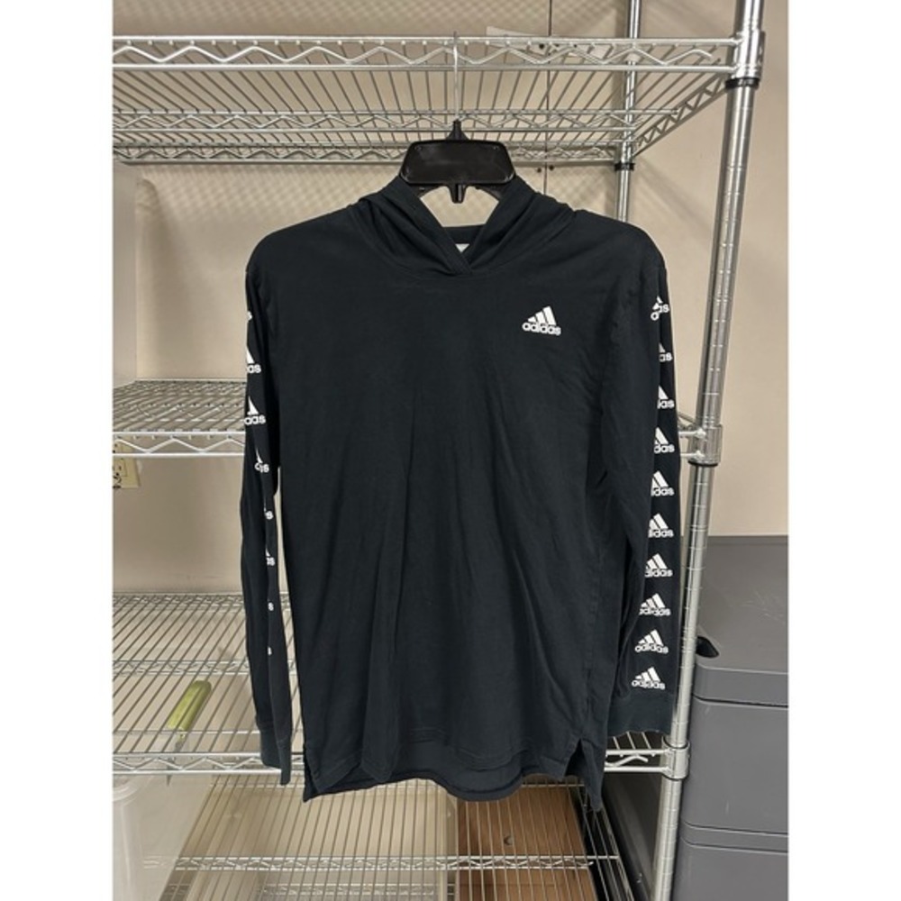 Black Adidas Logo Hooded Pullover Long Sleeve Tshirt‎ Thin Youth Large 14-6
